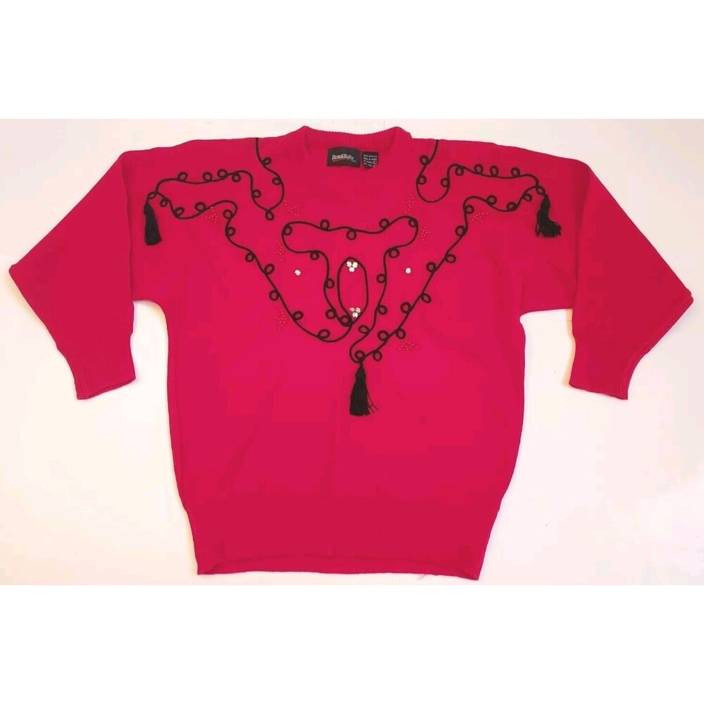 Vintage 1980's Ladies Beautifully Mine Red Embroidered Beaded Dolman Sweater L